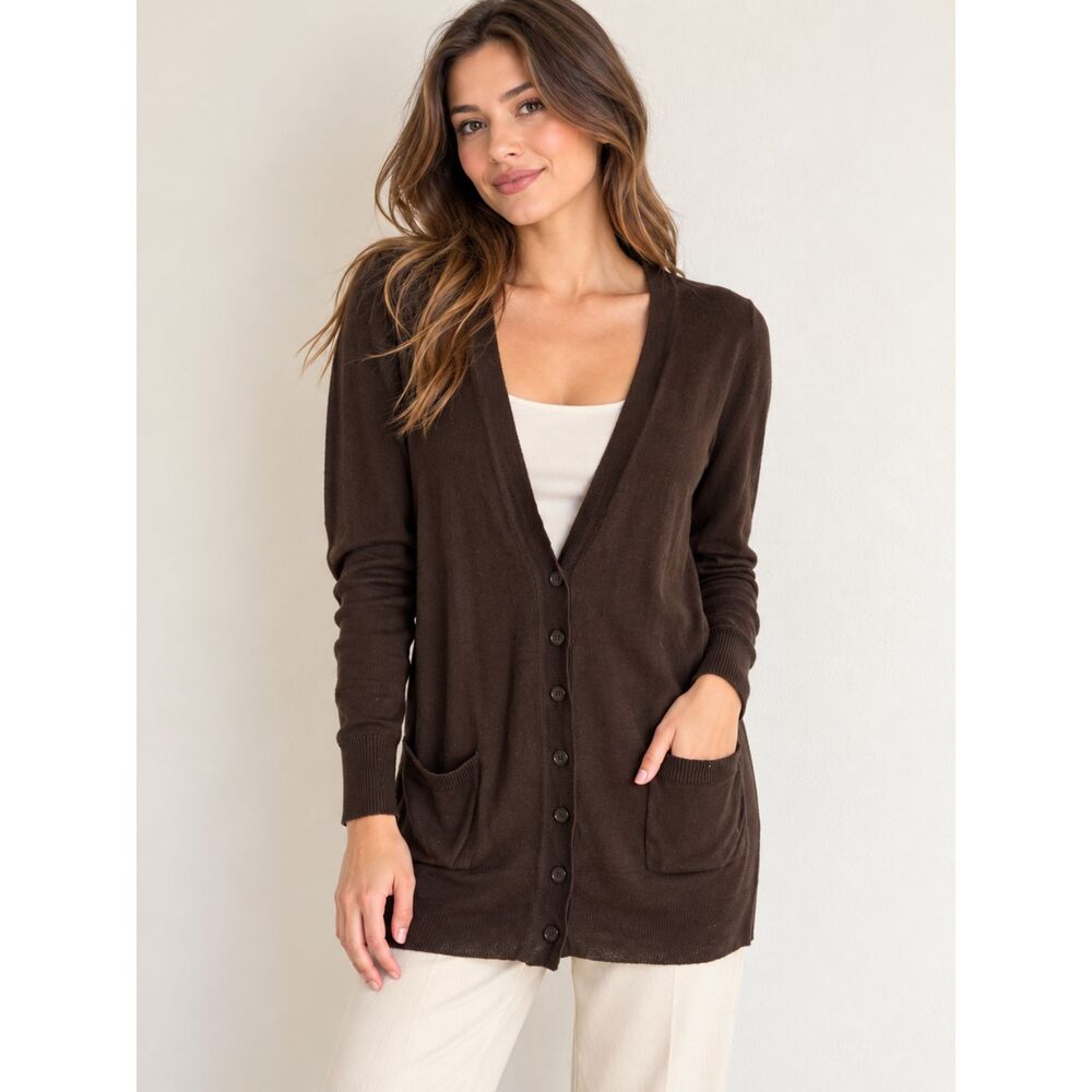 Women’s Brown Longline Button Front Cardigan Sweater Medium Pockets
